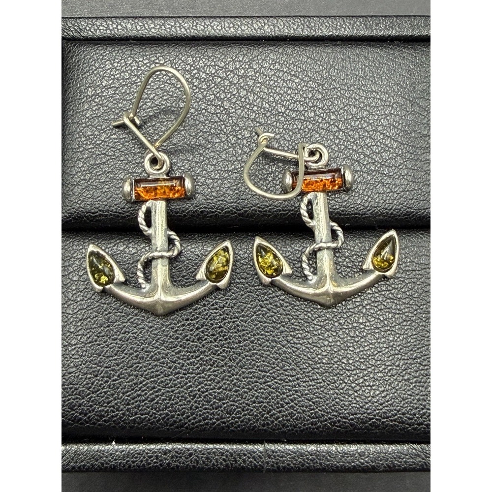Vintage Sterling Silver Genuine Amber Anchor Earrings 4 Grams J30